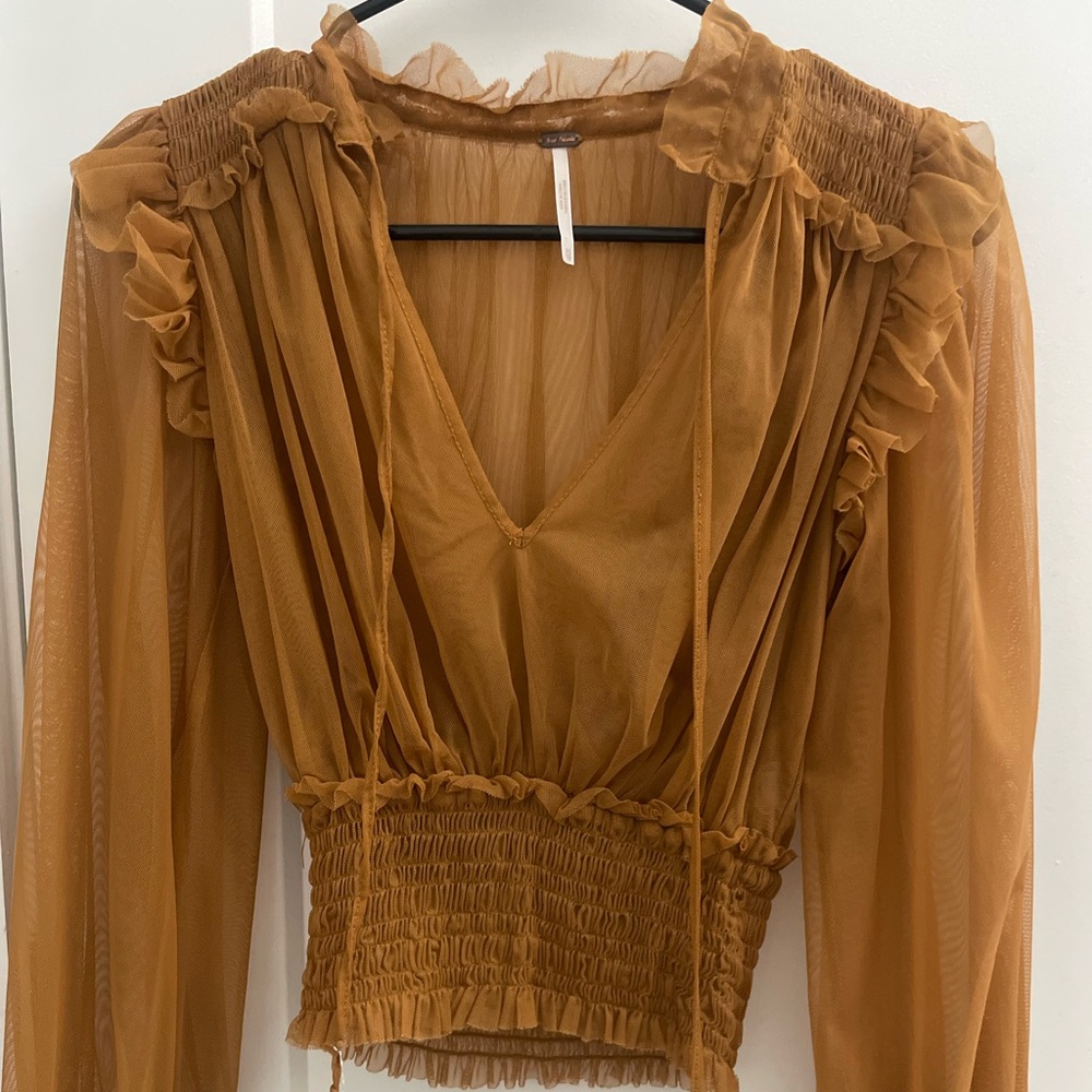 Free People Sheer Ruffle V-Neck Smocked Waist Top - Camel Brown